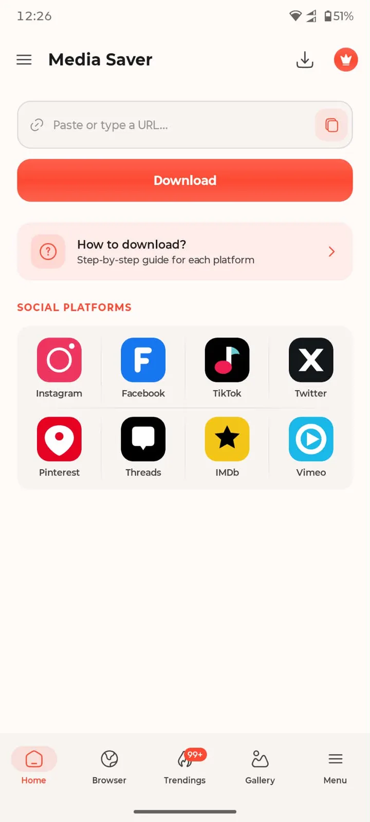 Media Saver's Home tab: the paste-a-URL box, the Download button, and the Social Platforms grid with Instagram, Facebook, TikTok, Twitter, Pinterest, Threads, IMDb and Vimeo